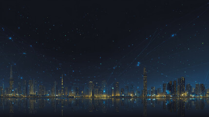 Sunshine in the Smart digital Innovation city with connection network reciprocity over the cityscape. of future smart wireless digital city and social media networking systems that connects peo