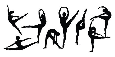 Silhouettes of gymnasts performing various poses on a white background Keywords: silhouette, gymnastics, ballet, dancer