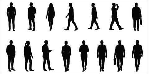 Silhouettes of men and women in business attire walking and standing Keywords: people, business, men, women, silhouette, walking