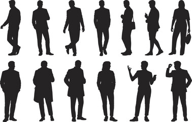 Silhouettes of men and women in business attire walking and standing on white background Keywords: business, people, man, woman