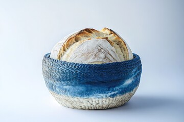 Artisan sourdough bread, perfectly baked and presented in a rustic blue-dyed basket.