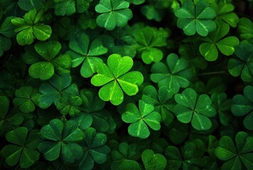 Overhead shot of lush, vibrant green clover patch with scattered four-leafed variety, creating a naturally repeating pattern and texture
