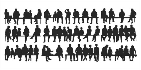 Silhouettes of People Sitting on Benches in Three Rows Keywords: people, silhouette, sitting, bench, group, crowd, collection