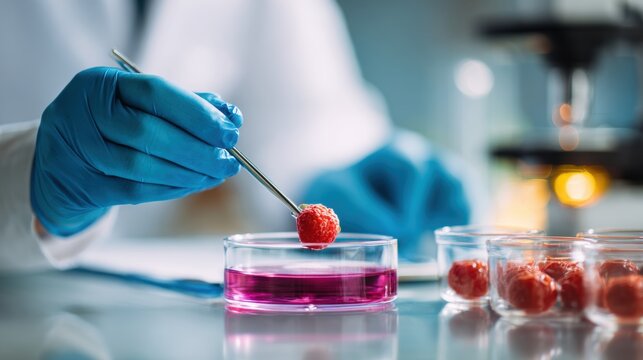 Scientist check chemical food residues in laboratory. Control experts inspect quality of fruits, vegetables. lab, hazards, ROHs, find prohibited substances, contaminate, Microscope, generate by AI
