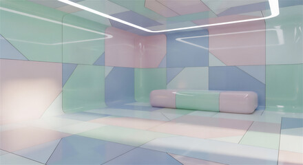 パステルカラーの近未来的なインテリアデザイン空間
