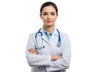 Female doctor with stethoscope arms crossed isolated on transparent background