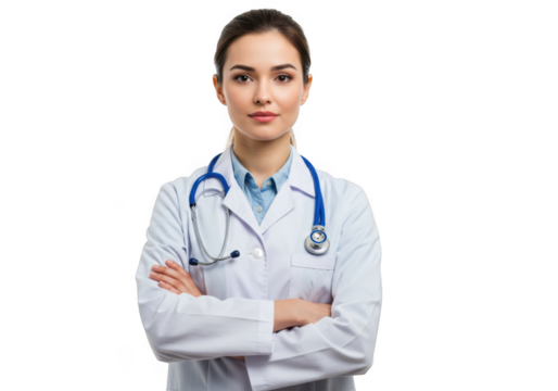 Female doctor with stethoscope arms crossed isolated on transparent background - Powered by Adobe
