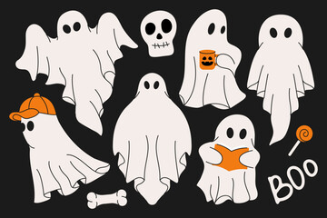 Spooky ghosts. Halloween flying phantoms in white cloth, cute scary ghostly monsters, cartoon fantasy ghost characters and trick or treat elements. Vector isolated set