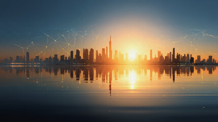 Fototapeta premium Sunshine in the Smart digital Innovation city with connection network reciprocity over the cityscape. of future smart wireless digital city and social media networking systems that connects peo