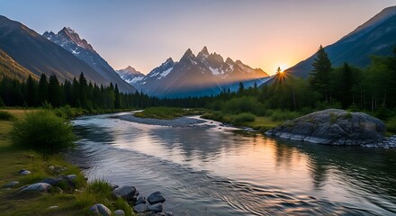 Serene Mountain River at Sunset with Majestic Peaks and Forest.