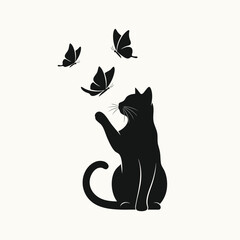 A simple black silhouette of a playful cat sitting and reaching for three flying butterflies.