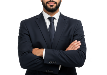 Confident businessman standing with arms crossed in a professional suit ready for business success transparent background
