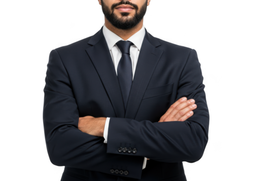Confident businessman standing with arms crossed in a professional suit ready for business success transparent background