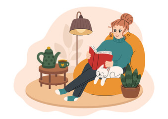 Woman reading book on armchair, autumn cozy illustration. Teapot and cup on table. Flat cartoon girl in warm sweater reading or studying in cozy environment with hot drink and cat nearby.