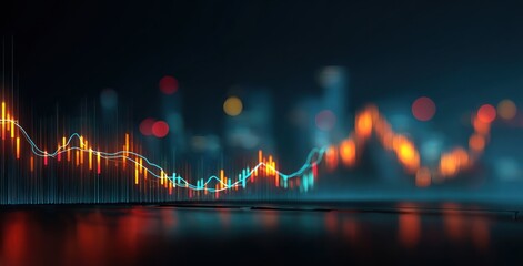 Ethereal graph overlayed on blurry cityscape Candlesticks rising and falling, with a smooth line tracing the trends. Illuminated by soft glow