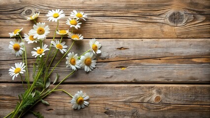 Obraz premium Rustic Wooden Surface Adorned with a Delicate Bouquet of Freshly Picked Daisies