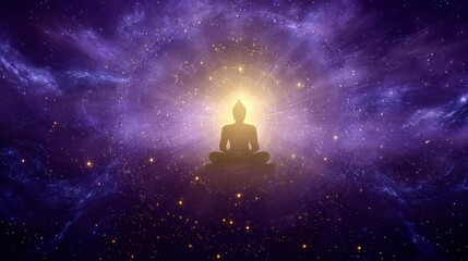 Meditating figure in silhouette, radiating calmness amidst a cosmic backdrop filled with vibrant colors and energy, evoking tranquility and peace