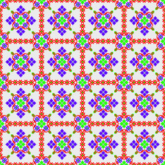 seamless geometric pattern
Colorful symmetrical geometric pattern featuring flower-like motifs arranged in a grid structure. The design includes vibrant red, green, blue, and purple squares bordered 