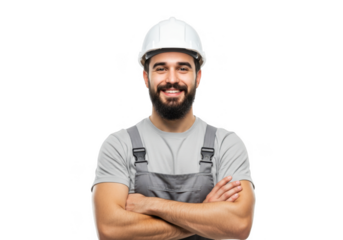 Confident bearded construction worker in hard hat and overalls with arms crossed transparent background