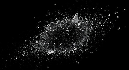 黒背景に砕け散るガラスの破片と抽象アート
