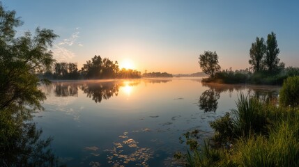 Obraz premium A breathtaking sunset over a calm lake with vibrant red and orange clouds reflecting on the water, creating a serene and dramatic landscape.