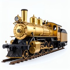 Naklejka premium Golden era locomotive rendering, emphasizing mechanical grandeur and design aesthetics on white background