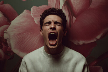 young man with his mouth open in silent scream expressing raw emotions against clean solid background