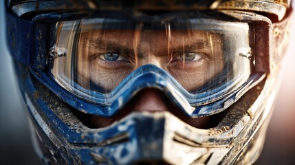Fototapeta premium Person Wearing Blue Dirt Bike Helmet and Goggles Close Up
