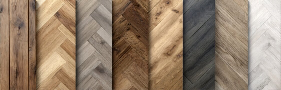 Wooden flooring samples displaying chevron pattern in various colors