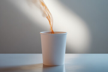 Warm brown beverage pouring into a simple white paper cup. Liquid stream in motion on a clean table with bright natural light.