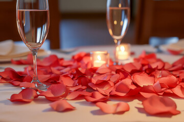 Elegant romantic table setting with champagne flutes, scattered red rose petals, and glowing candles creating a warm, intimate atmosphere for celebration.
