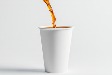 Fresh coffee or tea pours into a simple white paper cup creating a dynamic splash on a clean isolated background.