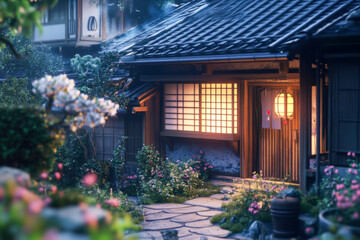 Traditional Japanese house facade with glowing shoji screens and hanging lantern. Stone path winds through a lush garden with white blossoms and pink flowers at dusk.