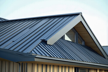 Contemporary building roof featuring dark metal standing seam panels and light wood facade detail against clear sky.