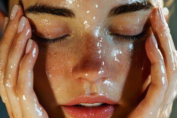 Serene person with closed eyes, hands gently touching face covered in refreshing liquid. Natural glowing skin, beauty, hydration, wellness concept.