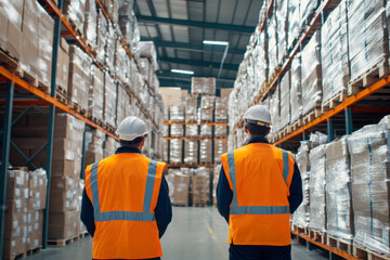 Two industrial warehouse workers in hard hats and orange safety vests walk down an aisle between tall shelves packed with brown boxes and freight.
