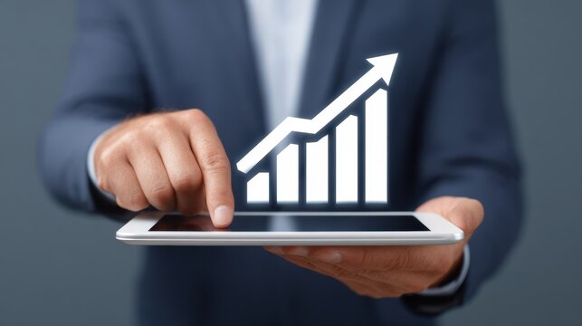 Business Professional Analyzing Data Trends with Tablet and Graph Illustration for Digital Marketing and Analytics Concepts