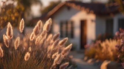 Fototapeta premium Soft golden grass stalks glow in warm sunlight with a blurred cozy house and garden in the background during late afternoon.