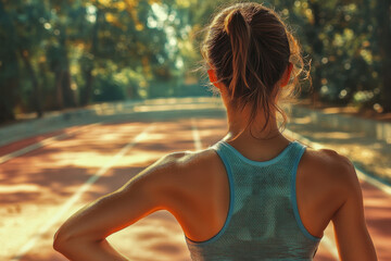 Rear view of a strong female athlete standing on a sunny outdoor running track. She wears a blue tank top, hair in a ponytail, ready for her workout.