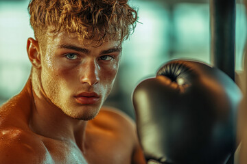 Close up portrait of a sweaty young man with curly hair and blue eyes, showing intense focus, wearing a black boxing glove in a gym.