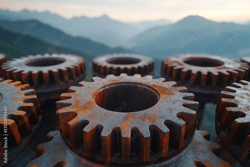 Poster rusty gears interlock against a mountain backdrop, symbolizing intricate systems and collaboration.
