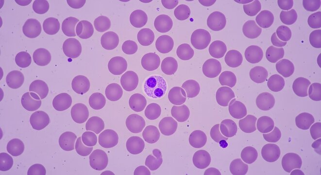 A microscopic view of human blood cells showcasing numerous red blood cells and a - Powered by Adobe