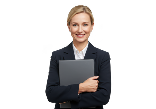 Smiling businesswoman holding a laptop isolated on transparent background
