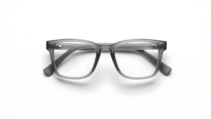 Fototapeta premium Square nerd glasses flat-lay, matte gray transparent frames, centered composition, clear reflections, subtle shadow, minimalist style.