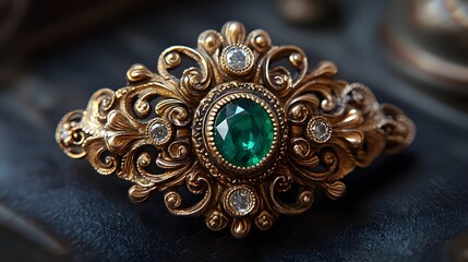 An ornate golden brooch featu a vibrant green emerald and small sparkling diamonds rests beautifully on a dark surface, showcasing its vintage charm and elegance.