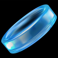 3D holographic glass coin blue neon effect, vector realistic transparent iridescent crystal coin, game token casino chip