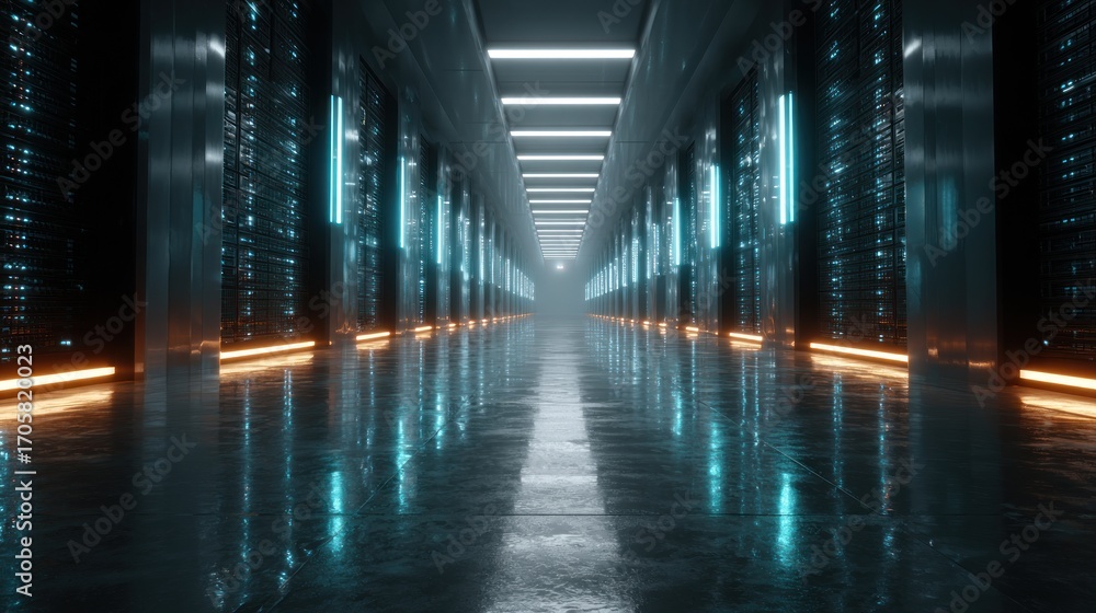 Poster futuristic server room with glowing lights reflecting on a wet floor and data servers