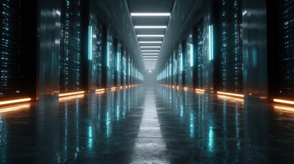 Futuristic Server Room with Glowing Lights Reflecting on a Wet Floor and Data Servers