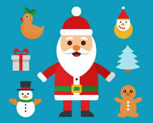 Cute christmas characters and symbols on a blue background