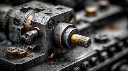 Detailed Close-up of a Vintage Industrial Machine Component with Rust and Metal